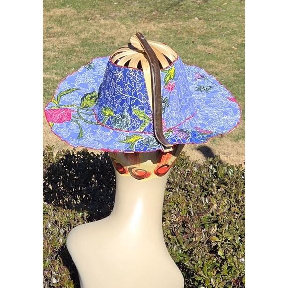 VTG Collapsible Bamboo Travel Hat Folding Packable Sun Hat Blue Floral Batik - Picture 6 of 11